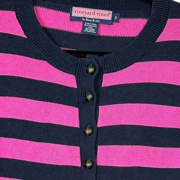Vineyard Vines S Striped V-Neck Preppy CASHMERE Blend Pink Navy Henley Sweater - Picture 4 of 12